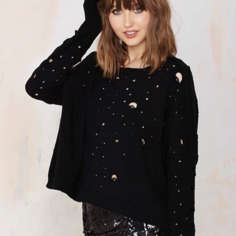 Nasty Gal Grunge Hole Distressed Open-Knit Pullover Sweater XS Goth Long Sleeve
